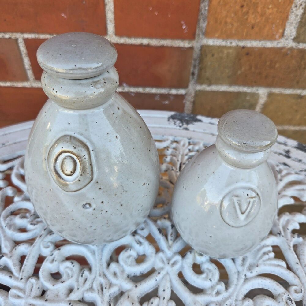 Crate & Barrel Oatmeal Glaze Ceramic Oil Vinegar Cruet Set O V Pottery